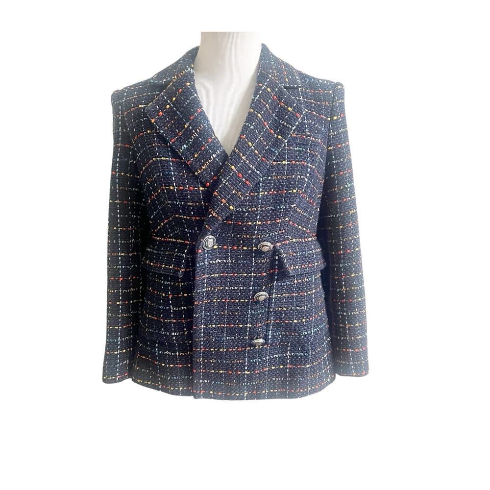 Veronica Beard Navy Tweed Rumer Dickey Jacket Military Buttons Medium Designer